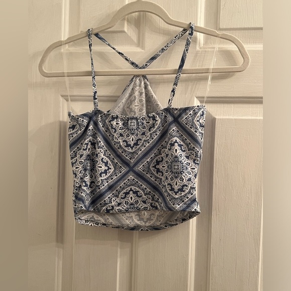 Size small blue white paisley bandana print cross front back straps cropped tank - Picture 3 of 4